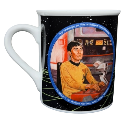 Sulu Star Trek vintage mug featuring Captain Sulu in a classic Starship setting
