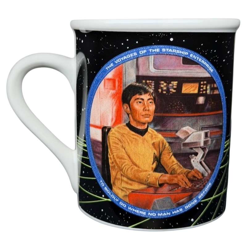 Sulu Star Trek vintage mug featuring Sulu at the starship controls with colorful cosmic design