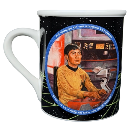 Sulu Star Trek vintage mug featuring Sulu at the starship controls with colorful cosmic design