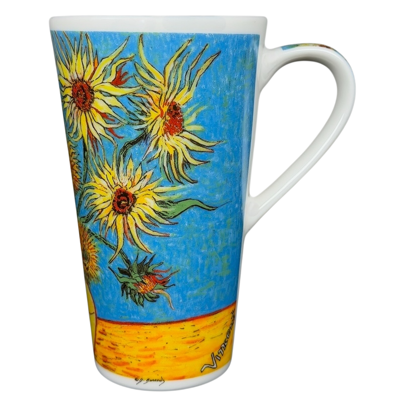 Sunflowers Vincent Van Gogh Mug Chaleur featuring vibrant sunflower artwork and a colorful background