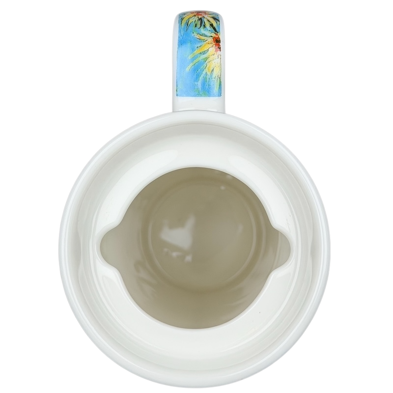 Top view of a Chaleur mug featuring Sunflowers Vincent Van Gogh design with a colorful handle