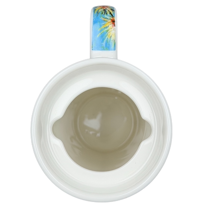 Top view of a Chaleur mug featuring Sunflowers Vincent Van Gogh design with a colorful handle