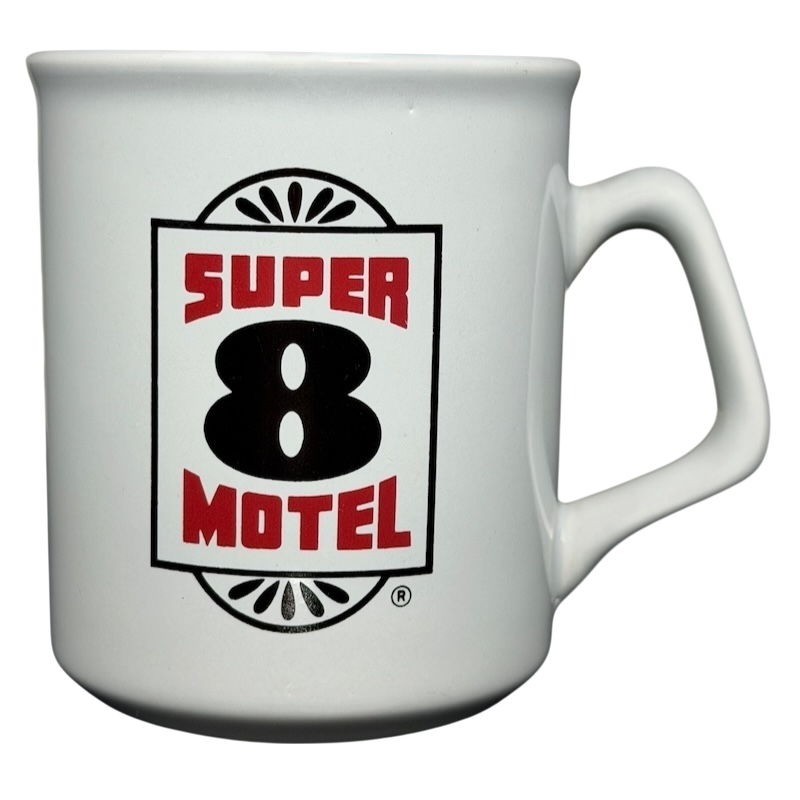 Super 8 Motel vintage mug featuring the iconic logo and classic design for collectors