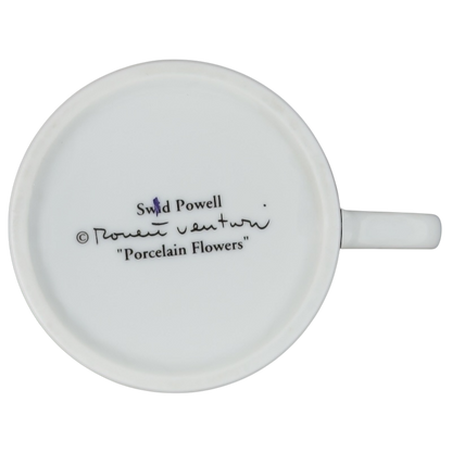 Bottom view of a Swid Powell collectible mug featuring a signature and Porcelain Flowers design