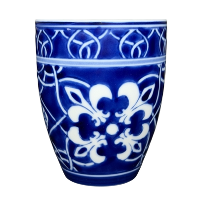 Target Catalina Medallion blue white mug featuring intricate floral patterns on a vibrant blue background