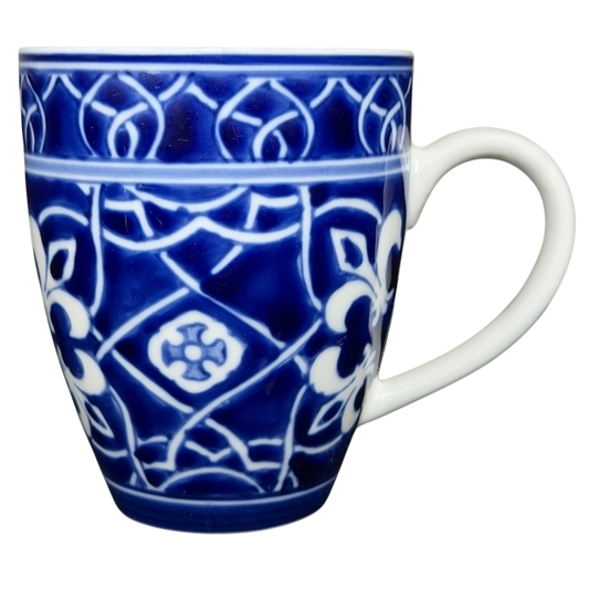 Target Catalina Medallion blue white mug with intricate floral design and sturdy handle