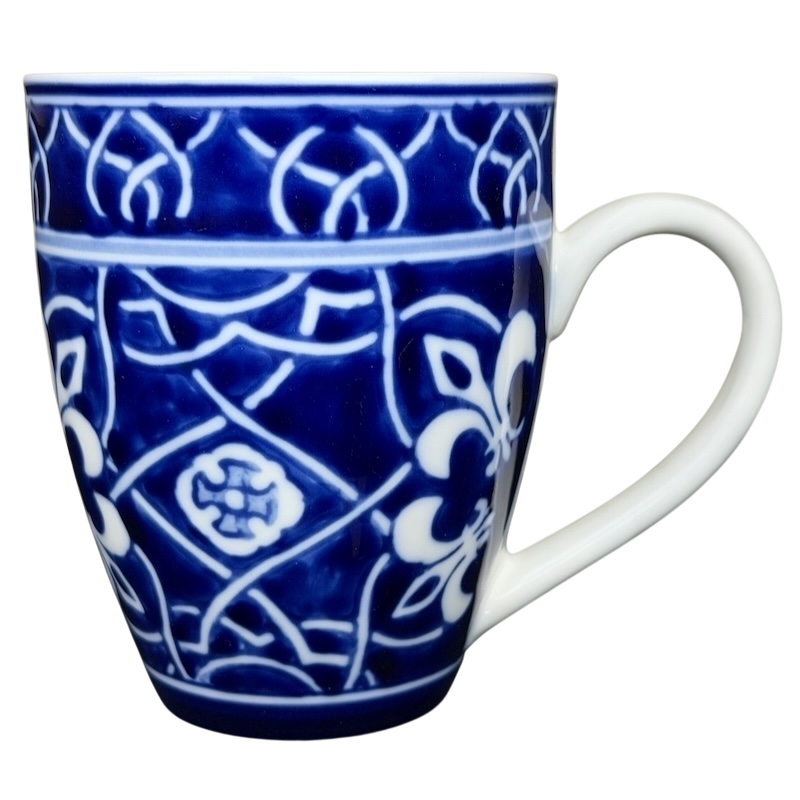 Target Catalina Medallion blue white mug featuring intricate floral patterns and a comfortable handle