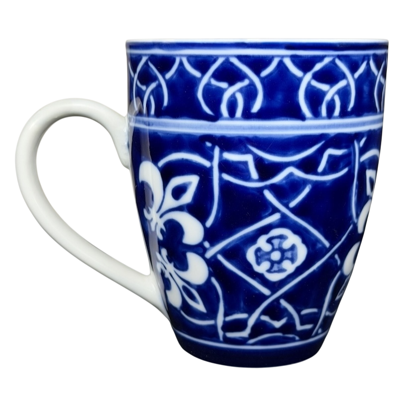 Target Catalina Medallion blue white mug featuring intricate floral designs on a blue background
