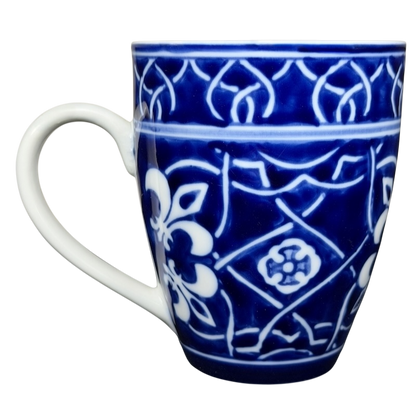 Target Catalina Medallion blue white mug featuring intricate floral designs on a blue background