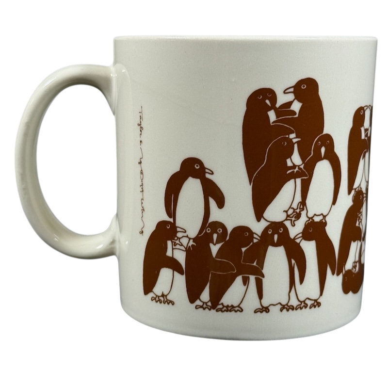 Taylor & Ng Animates vintage brown penguins mug featuring playful penguin design