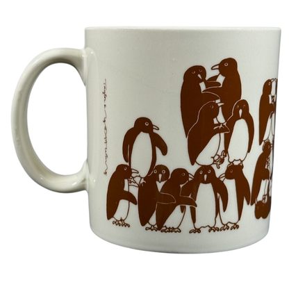 Taylor & Ng Animates vintage brown penguins mug featuring playful penguin design
