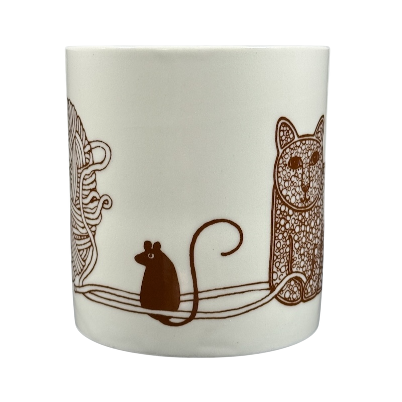 Taylor & Ng Le Chat vintage mug white ceramic with brown line art cat mouse and yarn design