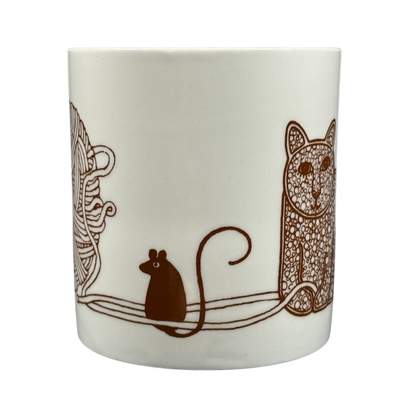 Taylor & Ng Le Chat vintage mug white ceramic with brown line art cat mouse and yarn design