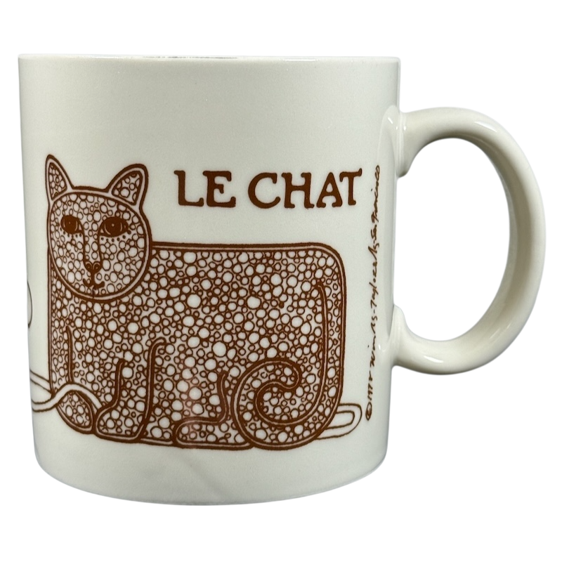 Taylor & Ng Le Chat vintage mug white ceramic with brown dotted stylized cat illustration and side handle