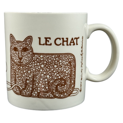 Taylor & Ng Le Chat vintage mug white ceramic with brown dotted stylized cat illustration and side handle