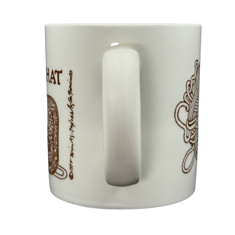Taylor & Ng Le Chat vintage mug white ceramic side view with centered handle and brown cat line art