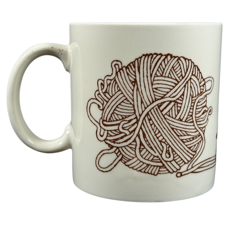 Taylor & Ng Le Chat vintage mug white ceramic with brown line art ball of yarn and knitting needle