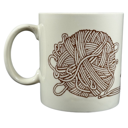Taylor & Ng Le Chat vintage mug white ceramic with brown line art ball of yarn and knitting needle