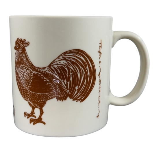 Taylor & Ng vintage collectible rooster mug featuring a detailed rooster illustration in brown
