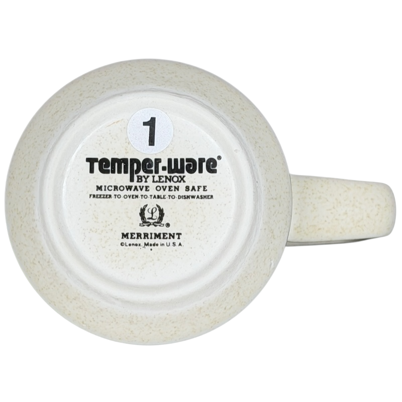 Base view of Temperware Merriment Mug Lenox showing microwave oven safe label and design details