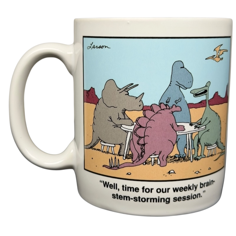 The Far Side dinosaur mug featuring cartoon dinosaurs in a brainstorming session
