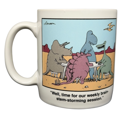 The Far Side dinosaur mug featuring cartoon dinosaurs in a brainstorming session