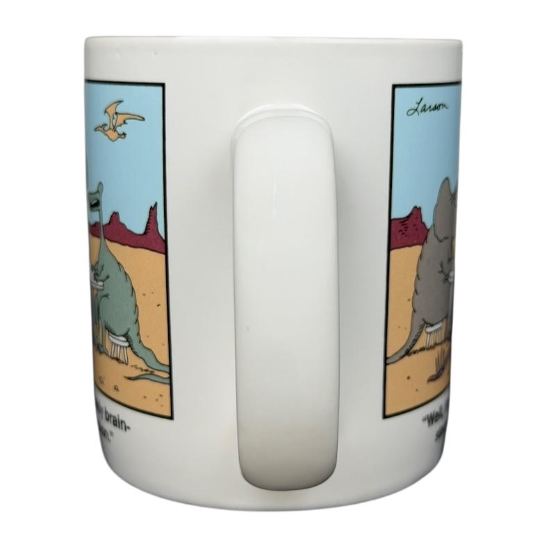 The Far Side dinosaur mug featuring humorous cartoon illustrations and vibrant colors