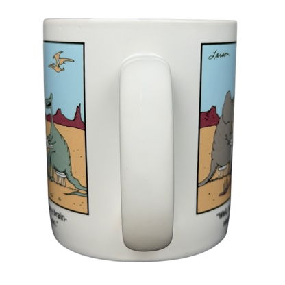 The Far Side dinosaur mug featuring humorous cartoon illustrations and vibrant colors