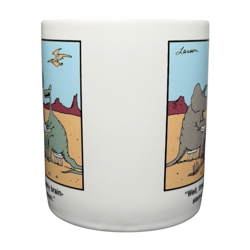 The Far Side dinosaur mug featuring cartoon illustrations by Gary Larson with humorous dialogue