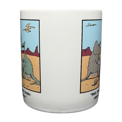 The Far Side dinosaur mug featuring cartoon illustrations by Gary Larson with humorous dialogue