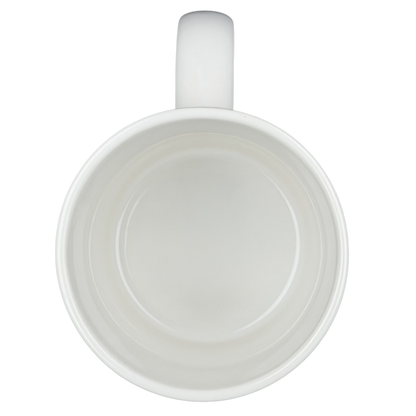 The Far Side dinosaur mug with a classic white interior displaying its minimalist design