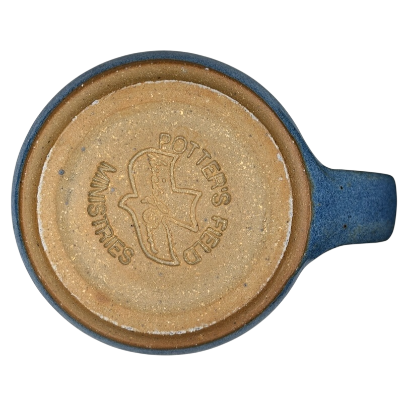 Underside view of a blue The Lord is My Shepherd pottery mug by Potter's Field Ministries