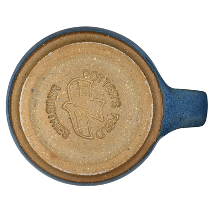 Underside view of a blue The Lord is My Shepherd pottery mug by Potter's Field Ministries