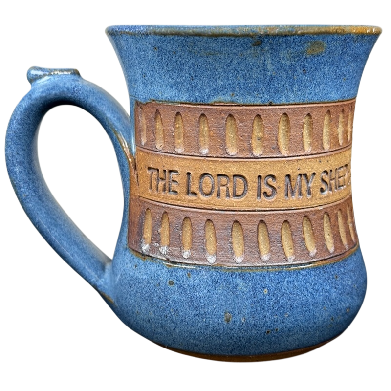 Handcrafted stoneware pottery mug in blue with the phrase The Lord is My Shepherd