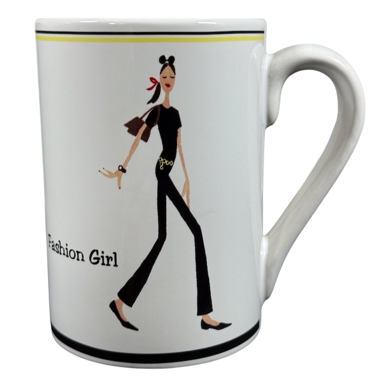 Santa Barbara fashion girl vintage mug white ceramic mug featuring walking stylized fashion girl illustration