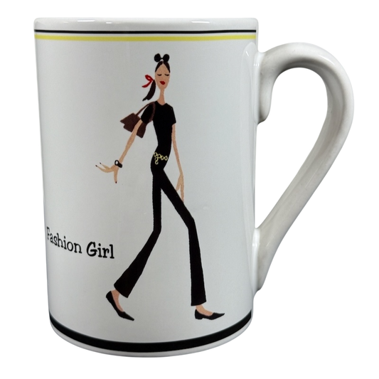 Santa Barbara fashion girl vintage mug white ceramic mug featuring walking stylized fashion girl illustration