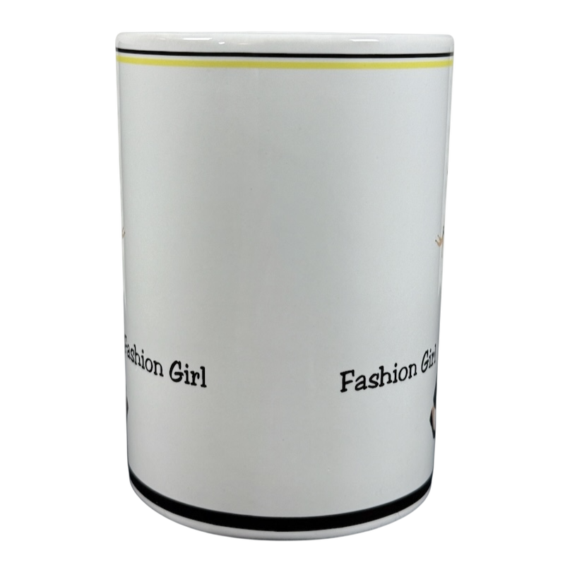 Santa Barbara fashion girl vintage mug by Santa Barbara Ceramic Design white ceramic mug with yellow rim and black base stripes