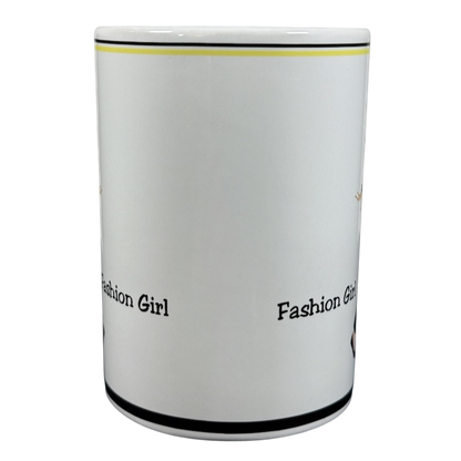 Santa Barbara fashion girl vintage mug by Santa Barbara Ceramic Design white ceramic mug with yellow rim and black base stripes