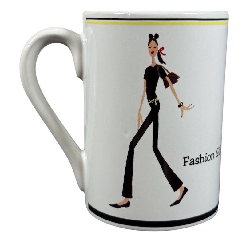 White ceramic Santa Barbara fashion girl vintage mug showing retro walking woman illustration