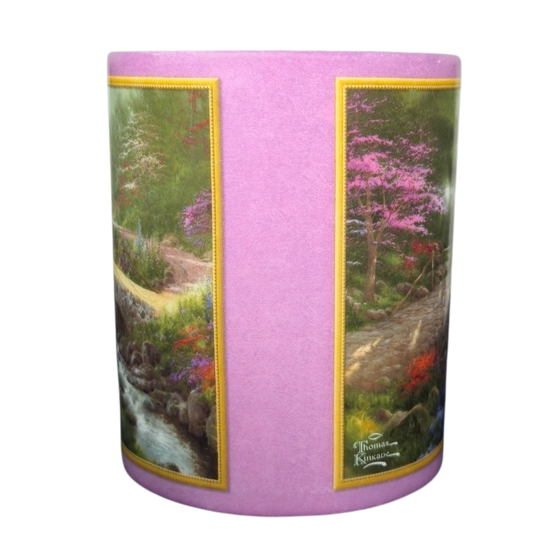 Thomas Kinkade Bridge of Faith vintage mug featuring floral landscapes and serene scenery