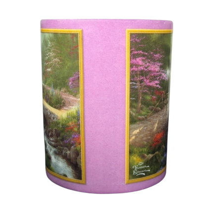 Thomas Kinkade Bridge of Faith vintage mug featuring floral landscapes and serene scenery