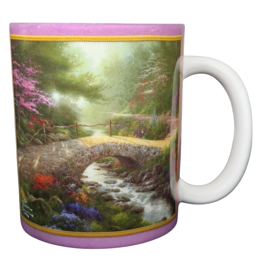 Thomas Kinkade Bridge of Faith vintage mug featuring a serene landscape with a stone bridge and colorful flowers