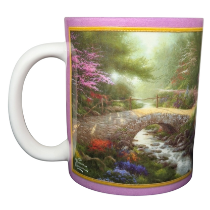 Thomas Kinkade Bridge of Faith vintage mug featuring a serene painted bridge and colorful flowers