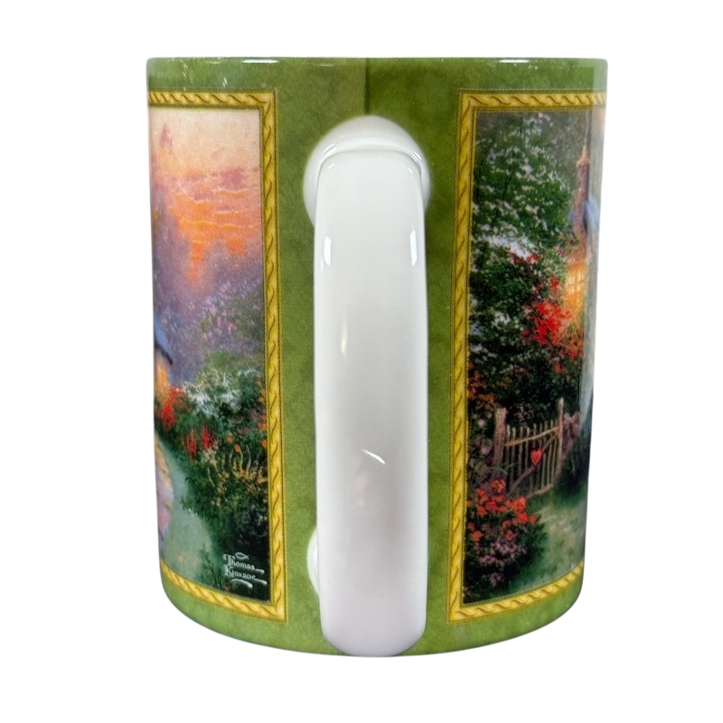 Thomas Kinkade Glory of Evening vintage coffee mug with scenic artwork and green background from Amcal