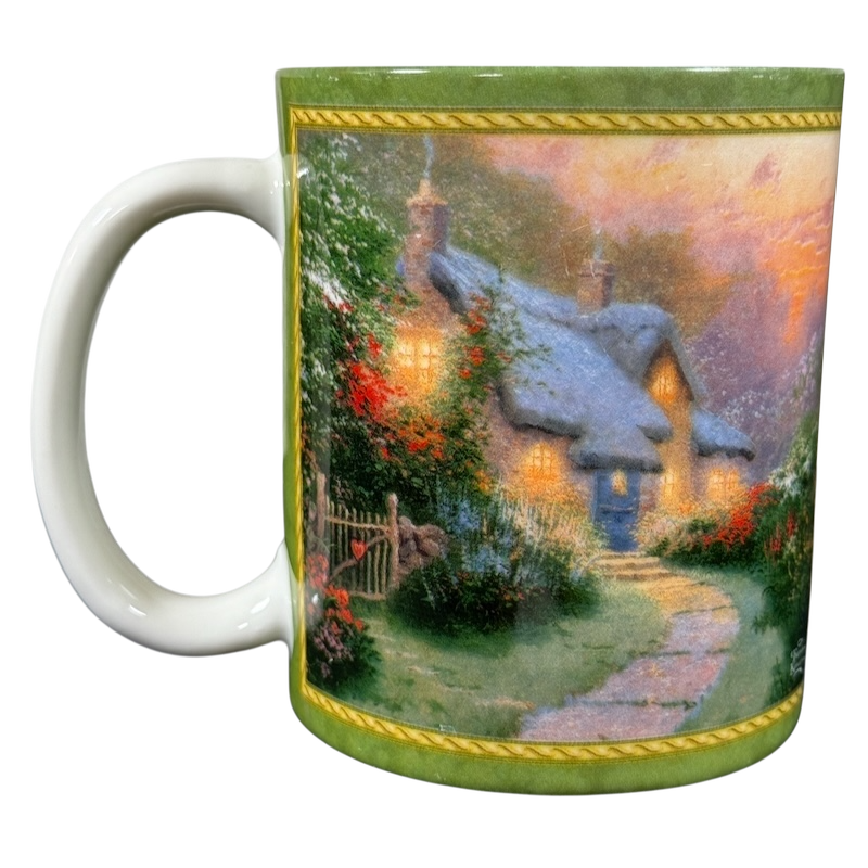 Thomas Kinkade Glory of Evening vintage coffee mug with a cozy cottage and garden scene
