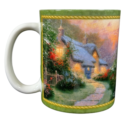 Thomas Kinkade Glory of Evening vintage coffee mug with a cozy cottage and garden scene