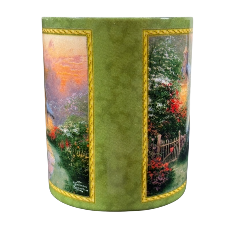 Thomas Kinkade Glory of Evening vintage coffee mug with green background and scenic sunset design