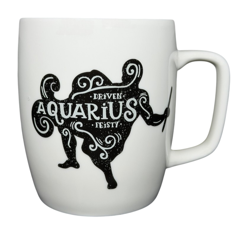 Aquarius Astrology Zodiac Mug Threshold featuring driven and feisty design in black on white ceramic