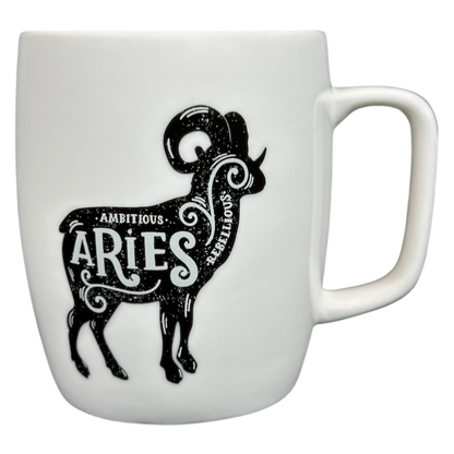 Aries Astrology Zodiac Mug Threshold featuring an intricate black ram design and motivational words