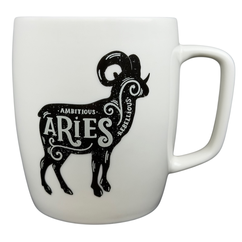 Aries Astrology Zodiac Mug Threshold featuring a decorative ram design with ambitious and rebellious words